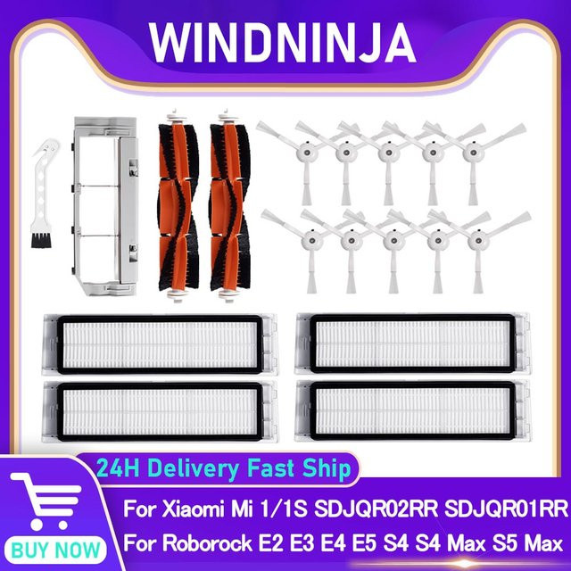 WINDNINJA Ersatzteil-Set für Xiaomi Mi Roboter-Staubsauger 1S und Roborock E2 E3 E4 E5 S5 S4 S4 Max S5 Max S6 Pure S55 mit Hauptbürsten und Seitenbürsten in Weiß - Bild 1