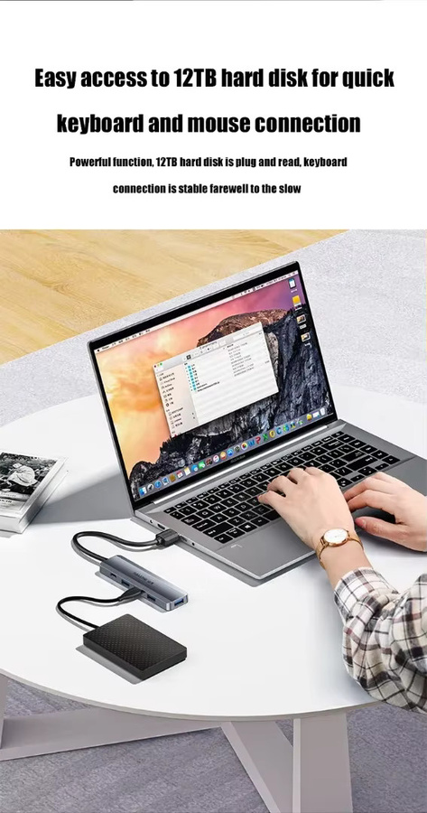 SAMZHE Ultraflacher 4-Port USB 3.0 Hub mit USB-C Anschluss, Hochgeschwindigkeits-USB-Hub Splitter Adapter in Grau für Laptop, PC und Smartphone - Bild 3