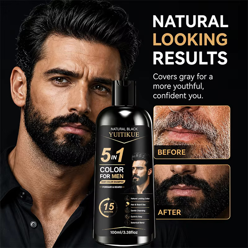 YUITIKUE 5-in-1 Herren Haarfarbe Shampoo, Schwarz, für Haar und Bart - Bild 5