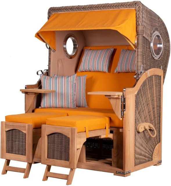 bene,iving Strandkorb Komplettset Ammersee aus Teakholz und PE-Rattan in Grau mit Bullauge und Zubehör - Bild 1