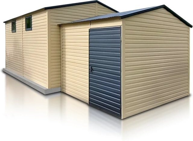 Liderstal Einzelgarage Premium aus Trapezprofilblech mit Satteldach, Doppelflügeltor und Abstellraum, Sandfarbe, B: 450 cm, T: 650 cm - Bild 1