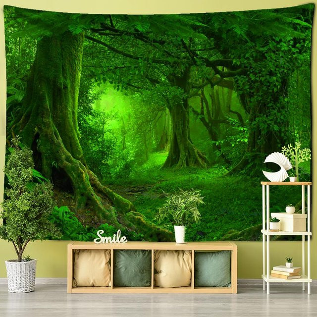 Wandteppich im Boho-Stil mit Wald- und Naturlandschaft, grün, B x H: 95 x 70 cm - Bild 1