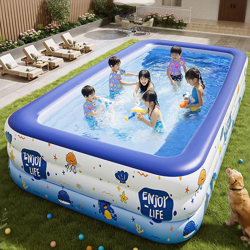 Kmoist Aufblasbarer Rechteck-Pool für Kinder mit Meerestier-Motiv, Blau, B/T/H: 160 x 160 x 56 cm - Bild 2