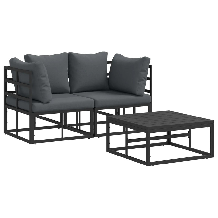 vidaXL Garten-Sofa-Set 3-teilig aus Aluminium in Schwarz mit grauen Kissen aus Polyester - Bild 2