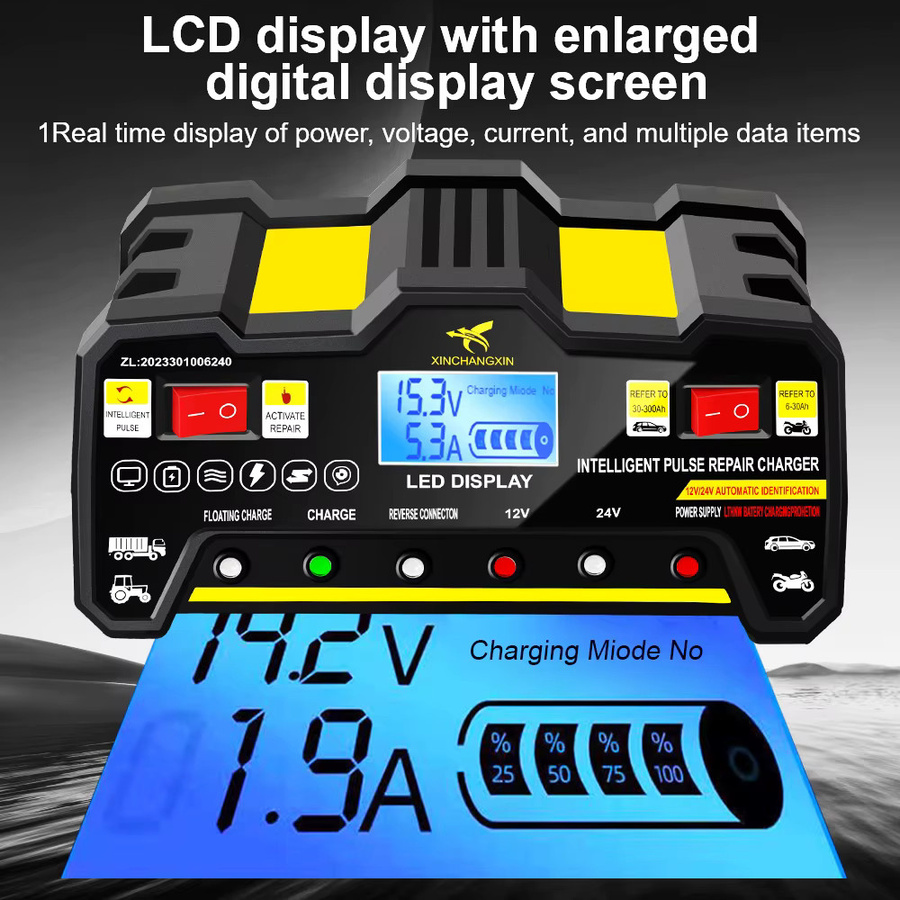 Intelligentes vollautomatisches Autobatterie-Ladegerät mit LCD-Display und Puls-Reparatur-Funktion für Nass- und Trockenblei-Säure-Batterien, 220W, Schwarz - Bild 3