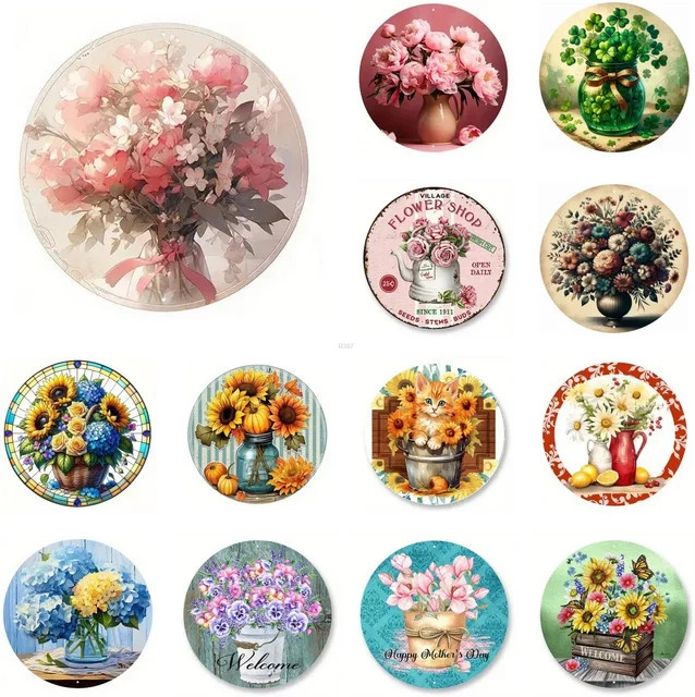 Retro Rundes Metallschild Potdemiel mit Blumen Muster als Wanddeko Durchmesser: 20 cm - Bild 1