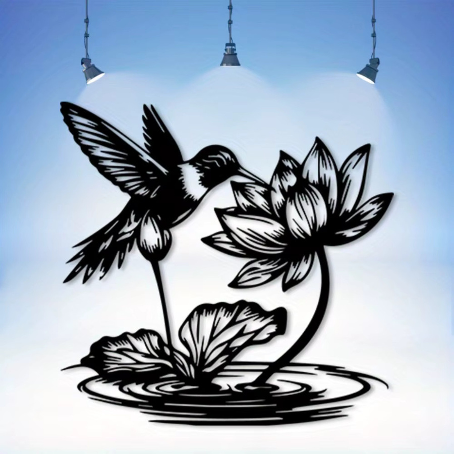 CIFBUY Wandkunst aus rostfreiem Eisen mit Kolibri und Lotus in Schwarz, Vintage Blumen-Dekoration für Innen und Außen, B/H: 30,48 x 30,48 cm - Bild 4