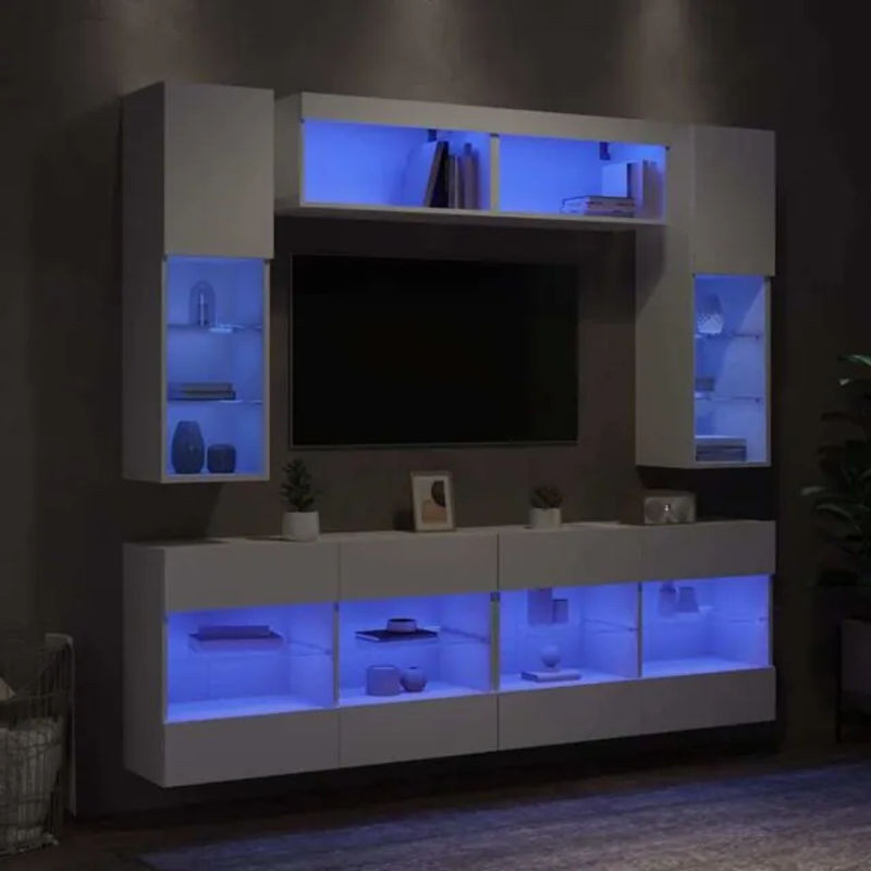 Modernes 6-teiliges TV-Schrank Set mit LED-Leuchten in Weiß von vidaxl aus Holzwerkstoff und Glas - Bild 1