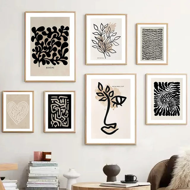 Potdemiel Boho Wandkunst Leinwandgemälde in Beige mit abstrakten Blättern, Linien, Gesichtern, Herzen und Sonne - Bild 1