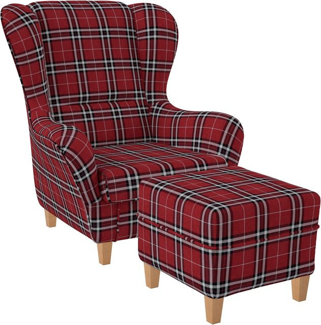 Supellex Sofia Ohrensessel mit Hocker im Landhausstil, Design Oxford kariert, Rot - Bild 1
