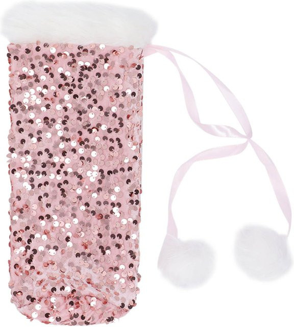 Dekorative Weihnachts-Weinflaschenhülle aus glänzendem Paillettenstoff von OutsideWorld in Weiß und Pink - Bild 1