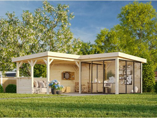 PALMAKO Pavillon Lenna Set 410 Slide aus Fichtenholz in Braun mit Alu-Schiebetüren und Flachdach, B/T/H: 588 x 588 x 245 cm - Bild 1