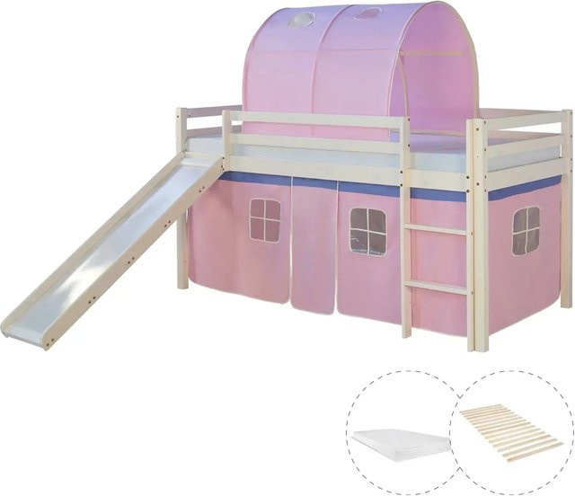 Homestyle4u Kinder Hochbett aus Kiefernholz mit Rutsche, Tunnel, Vorhang und Matratze in Weiß - Bild 1