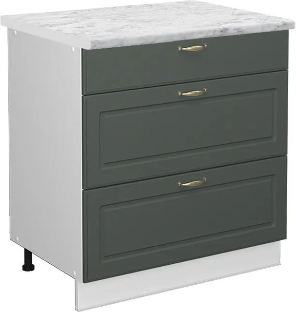 Vicco Küchenunterschrank Fame-Line in Grün-Gold und Weiß im Landhausstil mit 3 Schubladen und Marmor-Optik, Breite: 80 cm - Bild 1