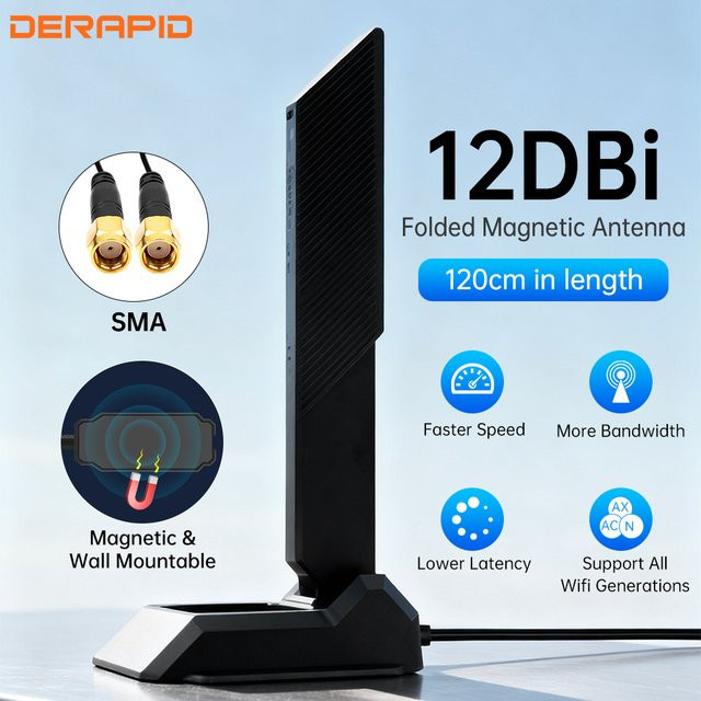 DERAPID Dreifachband WLAN 6E Antenne mit RP-SMA-Magnetfuß für AX210 AX200 PCI-E PC, Externer Antennenverstärker für 2,4 GHz, 5 GHz und 6 GHz, Schwarz, Kabellänge: 1,2 m - Bild 1