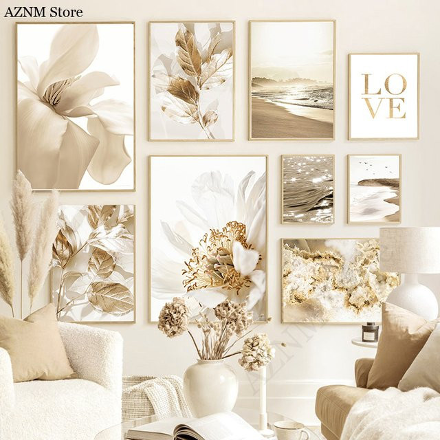 Modernes Kunstbild Potdemiel als Leinwanddruck mit goldenem Blatt und Strandlandschaft in Gold - Bild 1