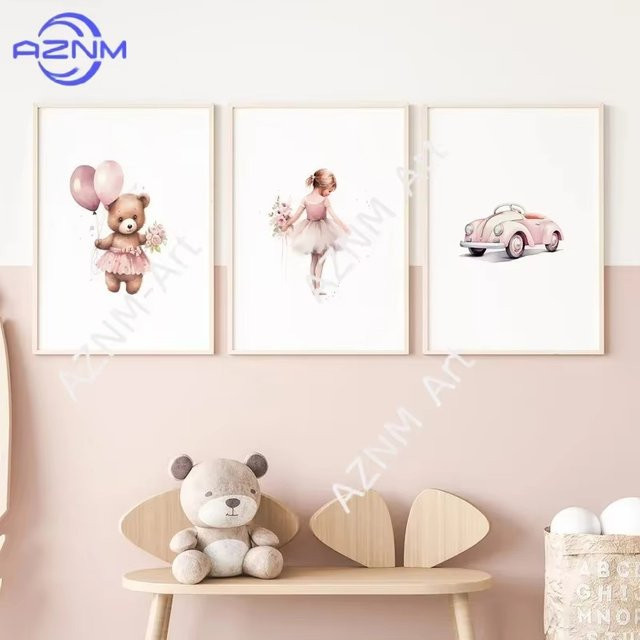 AZNM Wandbilder Set für Kinderzimmer mit Ballon-Bär, Ballerina und Auto in Rosa, Rahmenlose Leinwanddrucke - Bild 1
