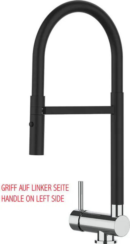 VIZIO Küchenarmatur für Unterfenster mit 360 Grad schwenkbarem Auslauf und abnehmbarer 2-Strahl Handbrause in Chrom und Schwarz Matt mit linkem Hebel - Bild 1