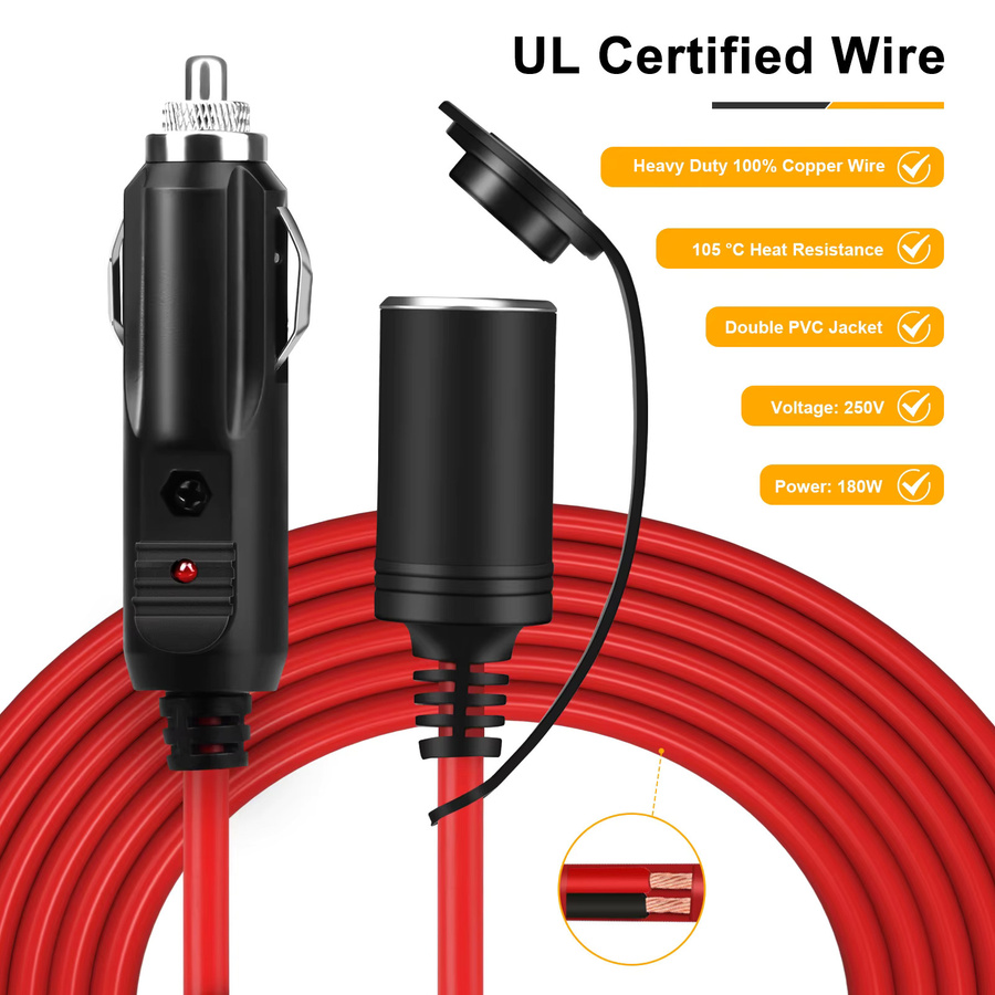 12V 24V Auto Zigarettenanzünder Verlängerungskabel 3,6m mit 15A Stecker und Buchse für Ladegeräte und Splitter - Bild 3