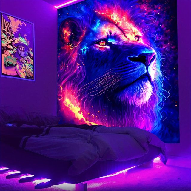 VIKAMA Neon-Löwe Wandteppich in Multicolour mit modernem Cyberpunk-Muster, Breite: 60 cm, Höhe: 40 cm - Bild 1