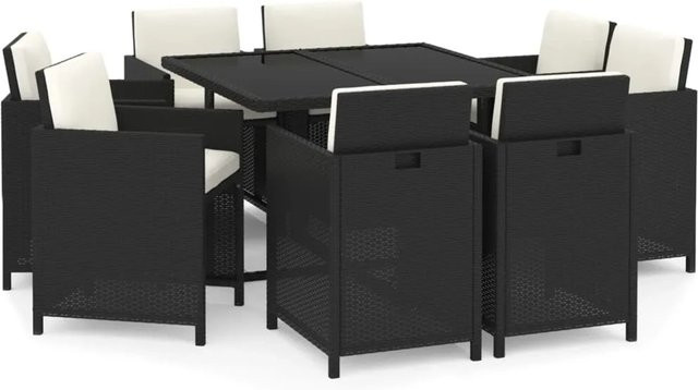 vidaXL 9-tlg Garten-Essgruppe aus Poly Rattan mit Hartglas und Auflagen in Schwarz - Bild 1