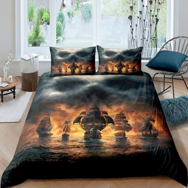 Binchi Fitness Bettwäsche-Set Piraten-Design mit Segelboot und Wellenmuster, B/H: 135 x 200 cm, Mehrfarbig - Bild 1