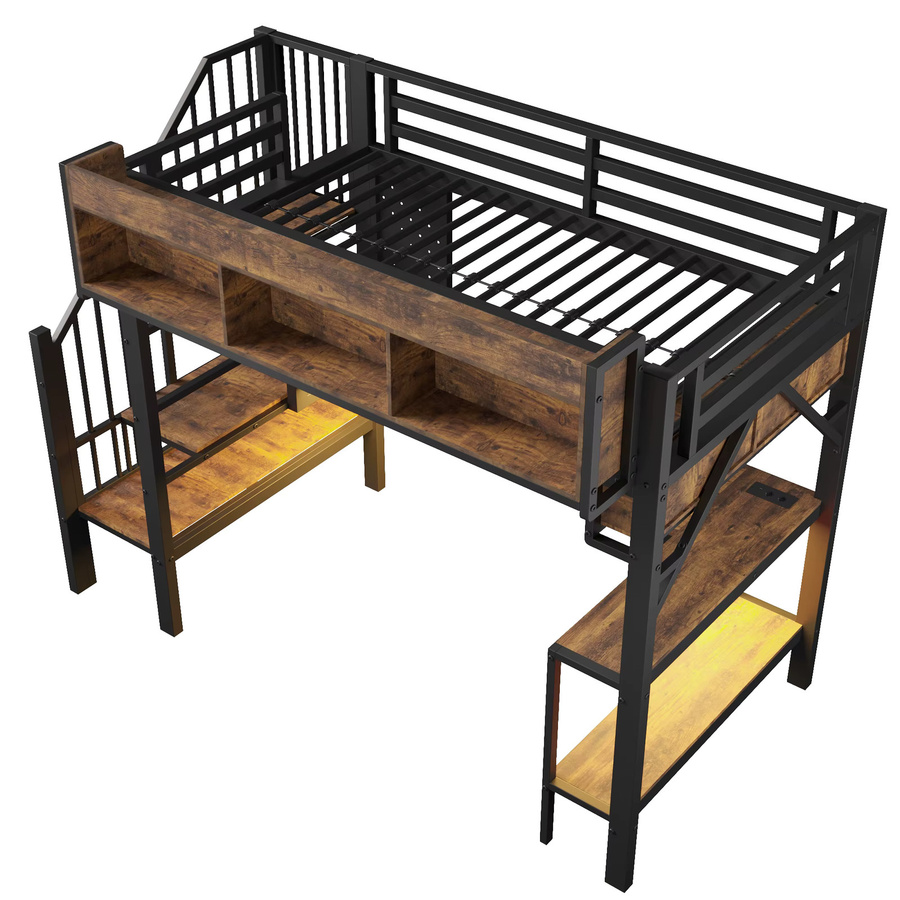 KOMHTOM Vintage Kinder-Hochbett in Schwarz mit Eckschreibtisch, Stauraum, Lochplatte, USB-Typ-C Steckdose und LED-Beleuchtung, Maße: 90 x 200 cm - Bild 4