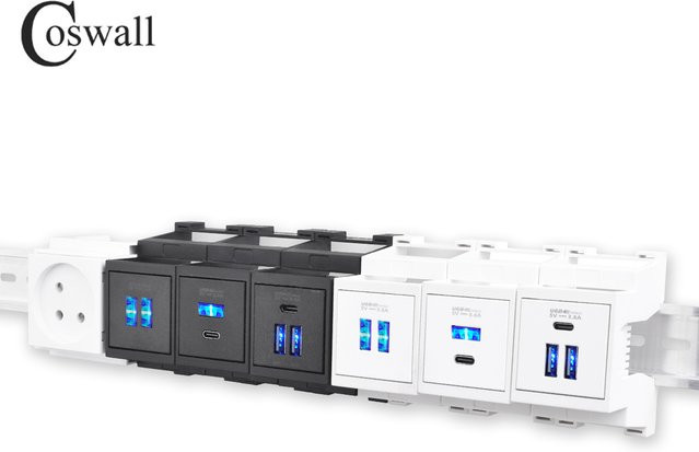 Coswall 18W Schnellladegerät für DIN-Schienen Typ A und Typ C mit blau leuchtender Säule, USB-A und USB-C - Bild 1