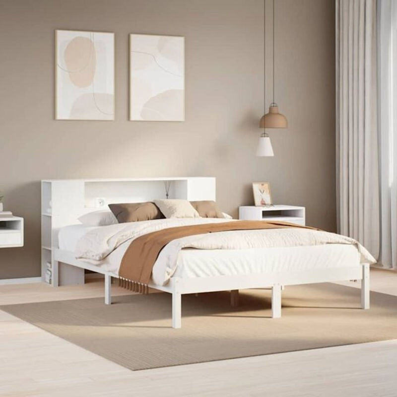 Massivholzbett mit Regal von Vidaxl aus Kiefer in Weiß, B/T/H: 140 x 200 cm - Bild 1