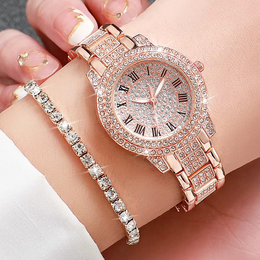 Schmuck-Set Damen, Armbanduhr Quarz, Edelstahl, Roségold, Diamantbesetzt - Bild 2