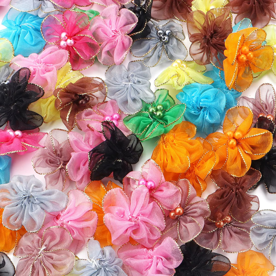 20 Stück handgefertigte Schneegaze-Blumen in Bunt mit Goldrand, Pflaumenblüten mit Durchmesser 4 cm für DIY-Kleidung und Dekorationszubehör - Bild 4