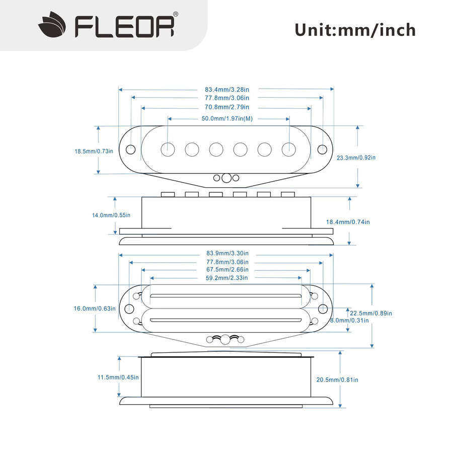 FLEOR 3-teiliges Gitarren-Tonabnehmer Set Alnico 5 Dual Rails Single Coil Pickups Schwarz für ST SSS E-Gitarre - Bild 2