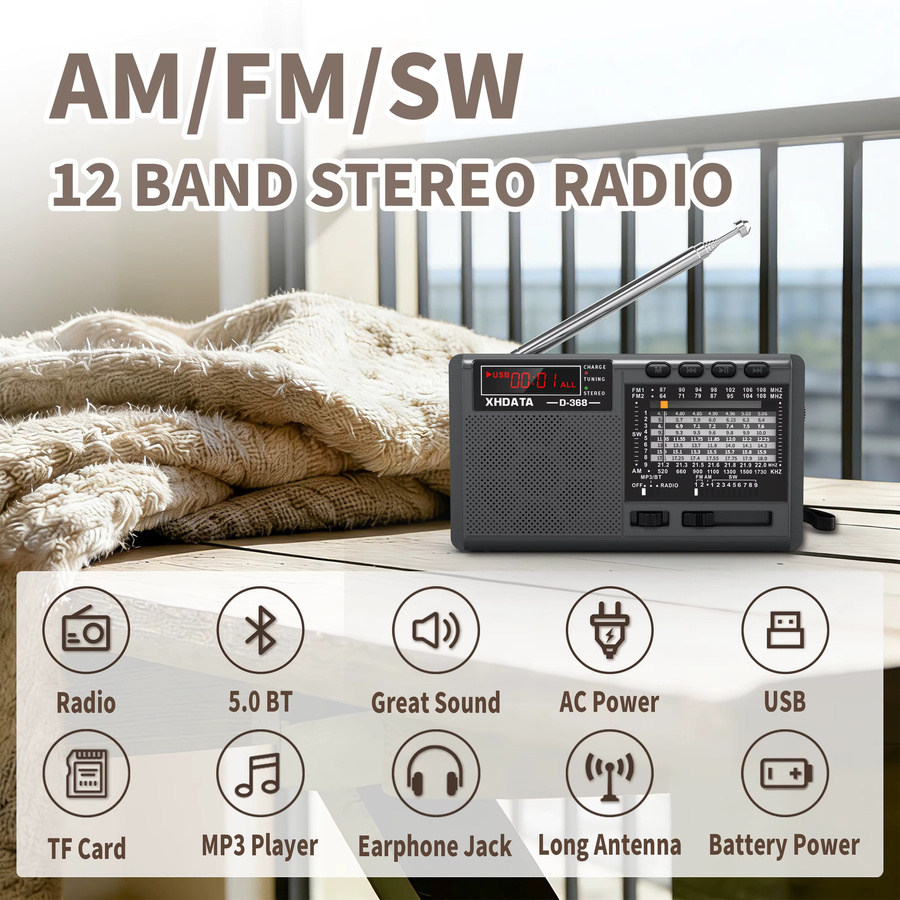 XHDATA D-368/D-328 Tragbares Stereo-Radio mit Bluetooth, FM, AM, SW, MP3-Player, USB und TF-Karte, Schwarz - Bild 2