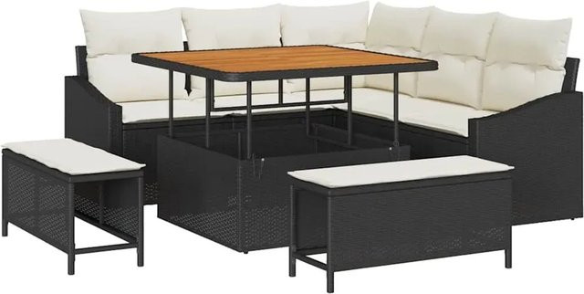 vidaXL 8-teiliges Gartensofa-Set in L-Form mit Kissen, Schwarz und Beige, aus Polyrattan und Akazie für Garten, Balkon und Terrasse - Bild 1