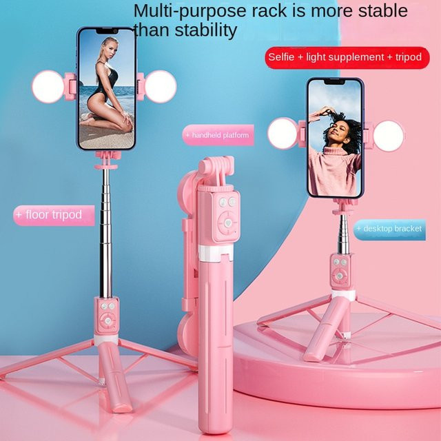 Tideboom Multifunktionaler Selfie-Stick mit Bluetooth-Fernauslöser und LED-Licht, einziehbarer Telefonhalter und Mini-Stativ in Schwarz oder Pink - Bild 1