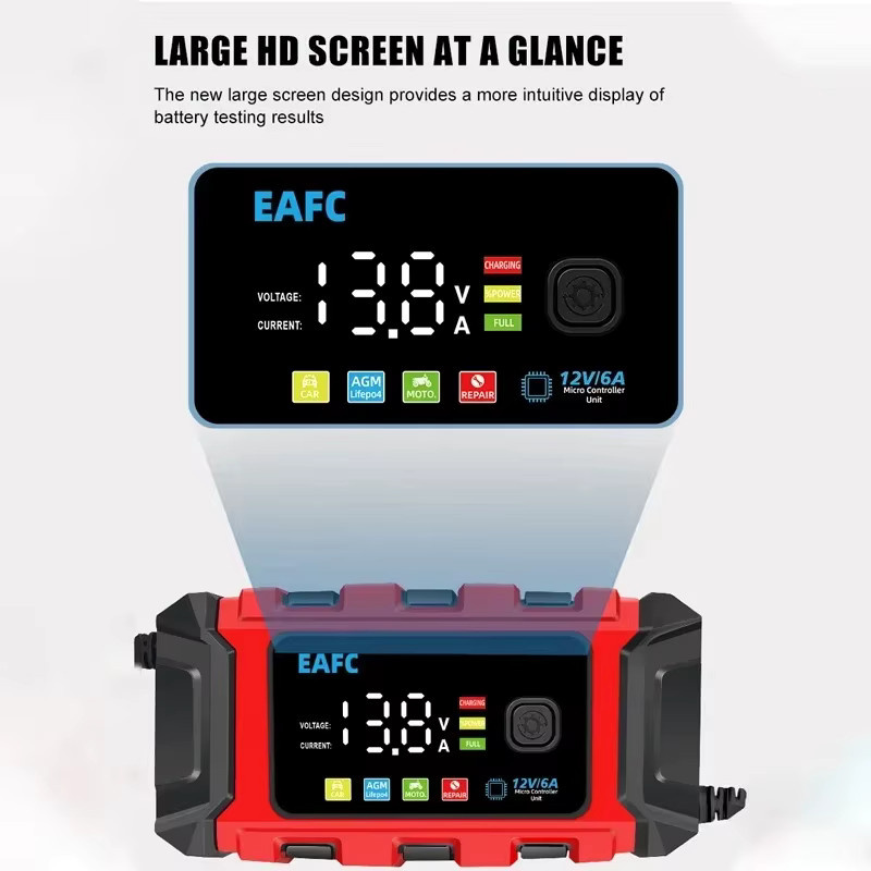 EAFC Autobatterieladegerät mit Digitalanzeige und Power Puls Reparaturfunktion für Blei-Säure-Batterien, 12V 6A, Rot - Bild 2