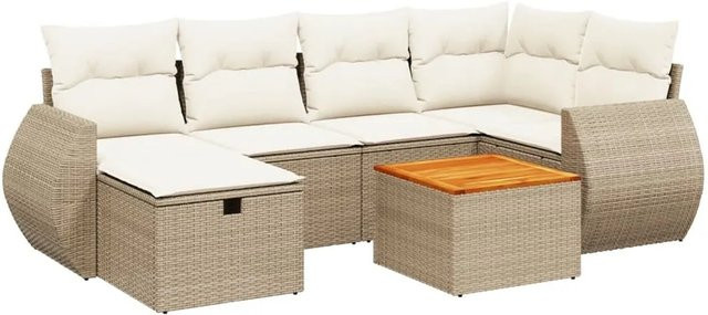 vidaXL 7-teilige Garten-Sofagarnitur in L-Form aus PE-Rattan und Akazienholz in Beige und Cremeweiß mit wetterfesten Kissen - Bild 1
