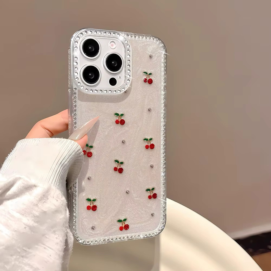 Bling Diamond Cherry Soft Phone Case für iPhone 17 Pro Max 16 15 14 13 12 11 Air Silikonhülle stoßfest transparent - Bild 3