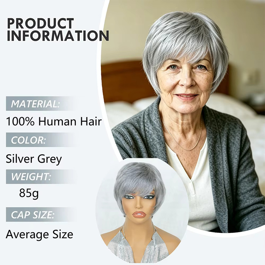 OYM HAIR Echthaar-Kurzhaarperücke Pixie-Cut, Aschgrau, Damen - Bild 2