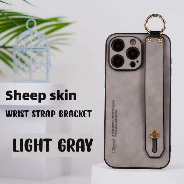 szHAIyu iPhone Handyhülle mit Handschlaufe aus Schaffell und Lederhalterung, stoßfeste Hartschale, Farbe: Grau - Bild 1