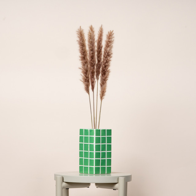 Keramikvase BLUME2000 in Grün mit Fliesenoptik im Retro-Vintage-Stil, Höhe: 17,0 cm, Breite: 9,0 cm, Tiefe: 9,0 cm - Bild 1