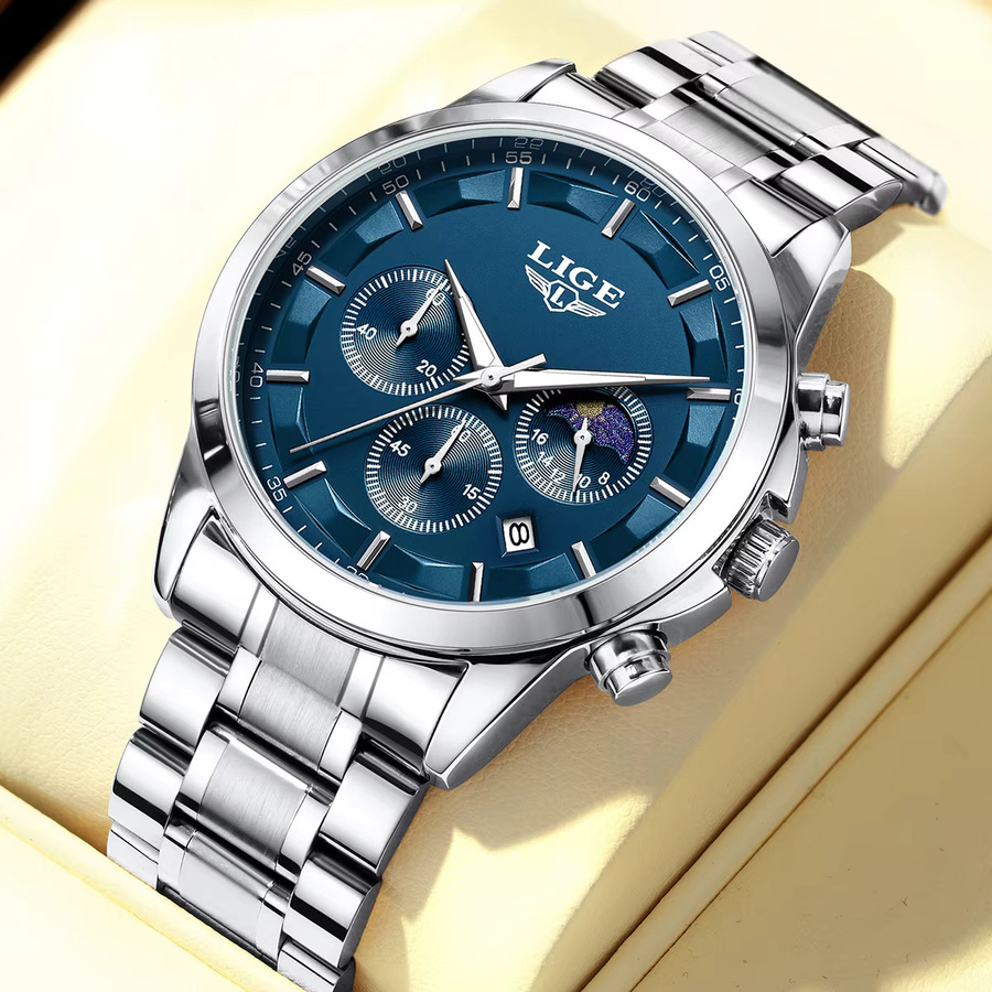 LIGE Herren-Armbanduhr Chronograph, Quarz, Edelstahl, Blau, Herren - Bild 2