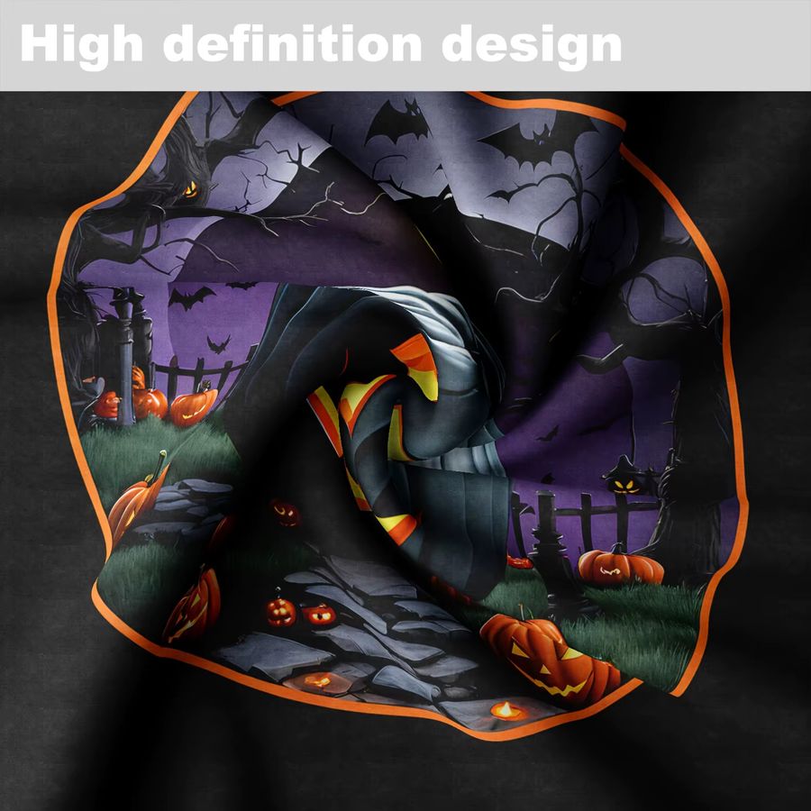 VIKAMA Halloween Tischdecke in Schwarz mit Kürbis, Fledermaus und Grabstein Muster, rund und wasserdicht - Bild 4