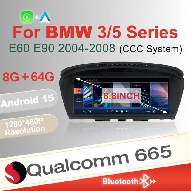 DMDNAVI Android 15 Auto-Multimedia-System mit 8,8 Zoll Touchscreen, 8+64GB, GPS-Navigation, Wireless CarPlay, Android Auto und Bluetooth für BMW 3er und 5er Serie (E60, E61, E62, E90, E91, E92) 2004-2008, Schwarz - Bild 1