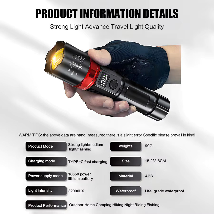 Heinast Taktische LED-Taschenlampe in Schwarz mit Display und USB-Aufladung für Camping und Angeln - Bild 5