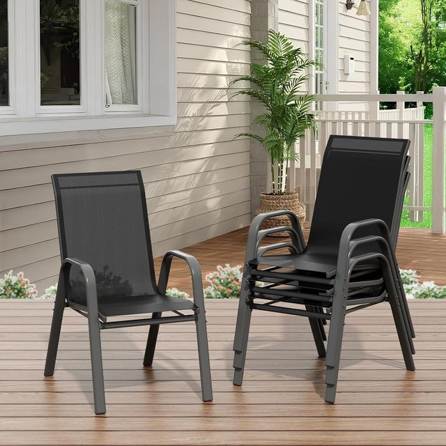 HiMISS 4er-Set stapelbare Gartenstühle aus Textilene und Metall in Schwarz, wetterfeste Outdoor-Stühle für Terrasse, Garten und Balkon - Bild 1