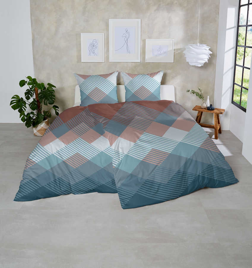 Primera Edelflanell Bettwäsche mit geometrischem Rautenmuster in Blau und Rost, Set bestehend aus Bettbezug und Kissenbezug, Baumwolle, B/H: 155 x 220 cm und 80 x 80 cm - Bild 1