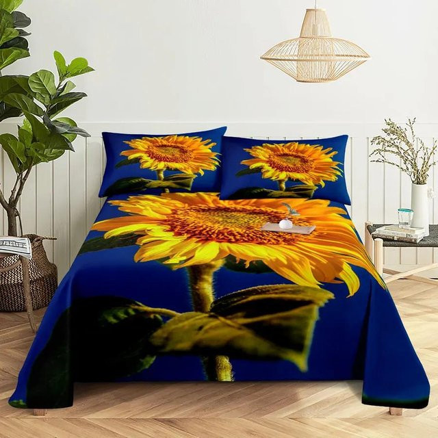 Binchi Fitness Bettwäsche-Set mit Sonnenblumen-Design, Blau, Mikrofaser, B/T: 110 x 230 cm - Bild 1