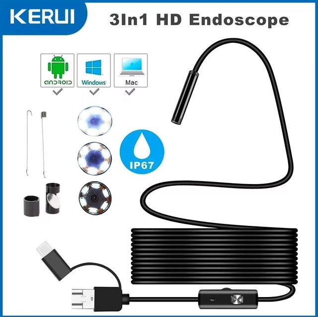 KERUI 3in1 Endoskop Kamera mit 7mm Linse, Micro USB und USB Typ C, wasserdichtes Borescope mit LED für Android, Huawei, Xiaomi und PC, Schwarz - Bild 1