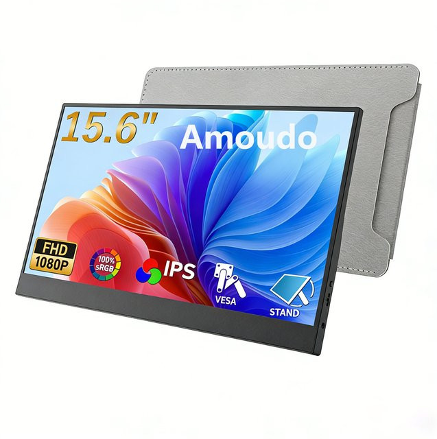 Amoudo Tragbarer Monitor 15,6 Zoll Full HD IPS LCD Display in Schwarz mit USB-C und Mini HDMI sowie VESA-Halterung - Bild 1